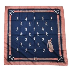 Vintage Golf Print Square Scarf 30.5x30.5 Italy Navy Pink Preppy Country Club